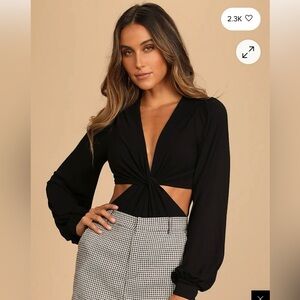 Lulu's Twist and Clout Black Twist-Front Cutout Long
Sleeve Bodysuit